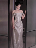 Classy Mermaid Off The Shoulder Champagne Sequin Long Prom Dresses Formal Gown Summer Wedding Guest Dresses Wedding Guest Outfit HZ1121
