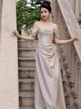 Classy Mermaid Off The Shoulder Champagne Sequin Long Prom Dresses Formal Gown Summer Wedding Guest Dresses Wedding Guest Outfit HZ1121