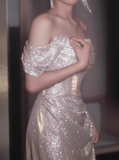 Classy Mermaid Off The Shoulder Champagne Sequin Long Prom Dresses Formal Gown Summer Wedding Guest Dresses Wedding Guest Outfit HZ1121