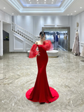 Classy Mermaid Off The Shoulder Red Long Prom Dresses Formal Gown Summer Wedding Guest Dress Wedding Outfits For Guest HZ1121