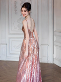 Modest A line Straps Pink Sequin Formal Gown 20th Birthday Dress Prom Dresses 18th Birthday Outfits HZ1121