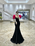 Classy Mermaid Black Sweetheart Short Puffy Sleeves Long Prom Dresses Formal Gown Summer Wedding Guest Dress Wedding Outfits For Guest HZ1121