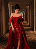 Classy Mermaid Off The Shoulder Red Sequin Long Prom Dresses Formal Gown Summer Wedding Guest Dresses Wedding Guest Outfit HZ1121