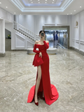 Classy Sheath Off The Shoulder Red Satin Slit Long Formal Gown Summer Wedding Guest Dress Bridal Guest Dresses Wedding Outfits For Guest HZ1121