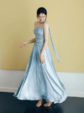 Classy A line Strapless Blue Satin Long Prom Gown Summer Wedding Guest Dress Bridal Guest Dresses Wedding Outfits For Guest HZ1121