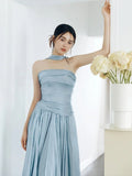 Classy A line Strapless Blue Satin Long Prom Gown Summer Wedding Guest Dress Bridal Guest Dresses Wedding Outfits For Guest HZ1121
