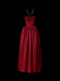 Classy Ball Gown Strapless Burgundy Satin Sleeveless Long Prom Dresses Party Dress Birthday Outfits Graduation Dresses HZ1121