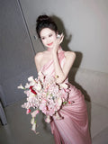 Classy Sheath One Shoulder Pink Satin Slit Long Prom Gown Summer Wedding Guest Dress Bridal Guest Dresses Wedding Outfits For Guest HZ1121