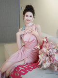 Classy Sheath One Shoulder Pink Satin Slit Long Prom Gown Summer Wedding Guest Dress Bridal Guest Dresses Wedding Outfits For Guest HZ1121