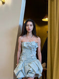 Sexy Sheath Strapless Blue Flowers Short Homecoming Dress Summer Hoco Dresses Cocktail Dress 18th Birthday Outfits HZ1121