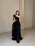 Classy A line One Shoulder Black Chiffon Long Prom Gown Summer Wedding Guest Dress Bridal Guest Dresses Wedding Outfits For Guest HZ1121