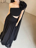 Classy A line One Shoulder Black Chiffon Long Prom Gown Summer Wedding Guest Dress Bridal Guest Dresses Wedding Outfits For Guest HZ1121