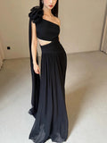 Classy A line One Shoulder Black Chiffon Long Prom Gown Summer Wedding Guest Dress Bridal Guest Dresses Wedding Outfits For Guest HZ1121