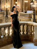 Classy Mermaid Off The Shoulder Black Satin Long Prom Dresses Party Dress Birthday Outfits Graduation Dresses HZ1121