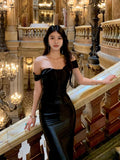 Classy Mermaid Off The Shoulder Black Satin Long Prom Dresses Party Dress Birthday Outfits Graduation Dresses HZ1121