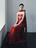 Classy Sheath Strapless Red Long Prom Gown Summer Wedding Guest Dress Bridal Guest Dresses Wedding Outfits For Guest With Scarf HZ1121