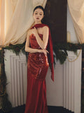 Classy Sheath Strapless Red Long Prom Gown Summer Wedding Guest Dress Bridal Guest Dresses Wedding Outfits For Guest With Scarf HZ1121
