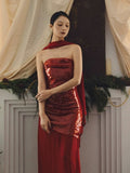 Classy Sheath Strapless Red Long Prom Gown Summer Wedding Guest Dress Bridal Guest Dresses Wedding Outfits For Guest With Scarf HZ1121