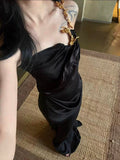 Classy Mermaid One Shoulder Black Satin Long Prom Dresses Party Dress Birthday Outfits Graduation Dresses HZ1121