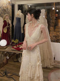 Vintage Wedding Dress A line V Neck Lace Ivory Summer Beach Long Wedding Dresses Bridal Gowns HZ1121