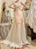 Retro Wedding Dress Mermaid Strapless Chiffon White Flowers Long Wedding Dresses Summer Brides Dress Bridal Gowns HZ1121