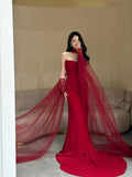 Classy Mermaid Strapless Red Long Prom Gown Summer Wedding Guest Dress Bridal Guest Dresses Wedding Outfits For Guest With Scarf HZ1121
