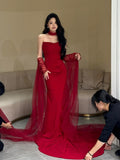 Classy Mermaid Strapless Red Long Prom Gown Summer Wedding Guest Dress Bridal Guest Dresses Wedding Outfits For Guest With Scarf HZ1121