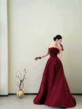 Classy Ball Gown Strapless Wine Red Long Prom Gown Summer Wedding Guest Dress Bridal Guest Dresses Wedding Outfits For Guest HZ1121
