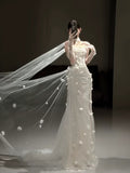 Simple Wedding Dress Mermaid Strapless White Tulle Floral Summer Beach Long Wedding Dresses Bridal Gowns HZ1121