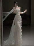 Simple Wedding Dress Mermaid Strapless White Tulle Floral Summer Beach Long Wedding Dresses Bridal Gowns HZ1121