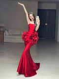 Classy Mermaid Strapless Red Floral Long Prom Gown Summer Wedding Guest Dress Bridal Guest Dresses Wedding Outfits For Guest HZ1121
