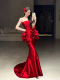 Classy Mermaid Strapless Red Floral Long Prom Gown Summer Wedding Guest Dress Bridal Guest Dresses Wedding Outfits For Guest HZ1121