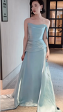 Sexy Mermaid Strapless Light Sky Blue Satin Prom Dresses Party Dress Summer 20th Birthday Outfits Birthday Dresses HZ1121