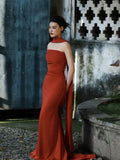 Classy Sheath Strapless Red Long Prom Gown Summer Wedding Guest Dress Bridal Guest Dresses Wedding Outfits For Guest HZ1121