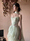 Modest A line Strapless Mint Green Long Prom Gown Summer Wedding Guest Dress With Scarf Bridal Guest Dresses Wedding Outfits For Guest HZ1121