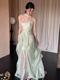 Modest A line Strapless Mint Green Long Prom Gown Summer Wedding Guest Dress With Scarf Bridal Guest Dresses Wedding Outfits For Guest HZ1121