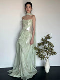 Modest A line Strapless Mint Green Long Prom Gown Summer Wedding Guest Dress With Scarf Bridal Guest Dresses Wedding Outfits For Guest HZ1121