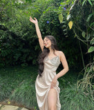 Elegant A line Spaghetti Straps Champagne Long Prom Dresses Party Dress Summer 20th Birthday Outfits Birthday Dresses HZ1121