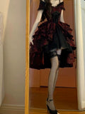 Vintage High Low Off The Shoulder Short Sleeves Gothic Black Red 16th Burgundy Birthday Dress Lolita Dress Birthday Outfits HZ1121