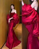 Elegant Mermaid Strapless Burgundy Velvet Long Prom Dresses Party Dress Summer 20th Birthday Outfits Birthday Dresses HZ1121