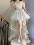 Vintage High Low Off The Shoulder Short Sleeves 18th White Birthday Dress Lolita Summer Dress Birthday Outfits HZ1121