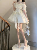 Vintage High Low Off The Shoulder Short Sleeves 18th White Birthday Dress Lolita Summer Dress Birthday Outfits HZ1121