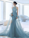 Elegant Mermaid High Neck Dusty Blue Long Prom Dresses Party Dress Summer 20th Birthday Outfits 18th Birthday Dresses HZ1121