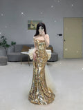 Elegant Mermaid Strapless Gold Sequin Long Prom Dresses Party Dress Summer 20th Birthday Outfits 18th Birthday Dresses HZ1121