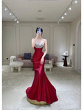 Elegant Mermaid Strapless Burgundy Satin Long Prom Dresses Party Dress Summer 20th Birthday Outfits 18th Birthday Dresses HZ1121