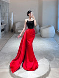 Elegant Mermaid Strapless Red Satin Long Prom Dresses Party Dress Summer 20th Birthday Outfits 18th Birthday Dresses HZ1121