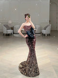 Elegant Mermaid Strapless Sequin Long Prom Dresses Party Dress Summer 20th Birthday Outfits 18th Birthday Dresses HZ1121