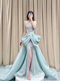 Elegant Mermaid Sequin Light Sky Blue Long Prom Dresses Party Dress Summer 20th Birthday Outfits 18th Birthday Dresses HZ1121