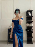 Elegant Mermaid Off The Shoulder Royal Blue Slit Long Prom Dresses Party Dress Summer 20th Birthday Outfits 18th Birthday Dresses HZ1121