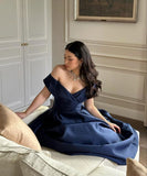 Elegant A line Off The Shoulder Navy Blue Satin Short Sleeves Long Evening Party Gowns Evening Formal Dresses Prom Dress HZ1121